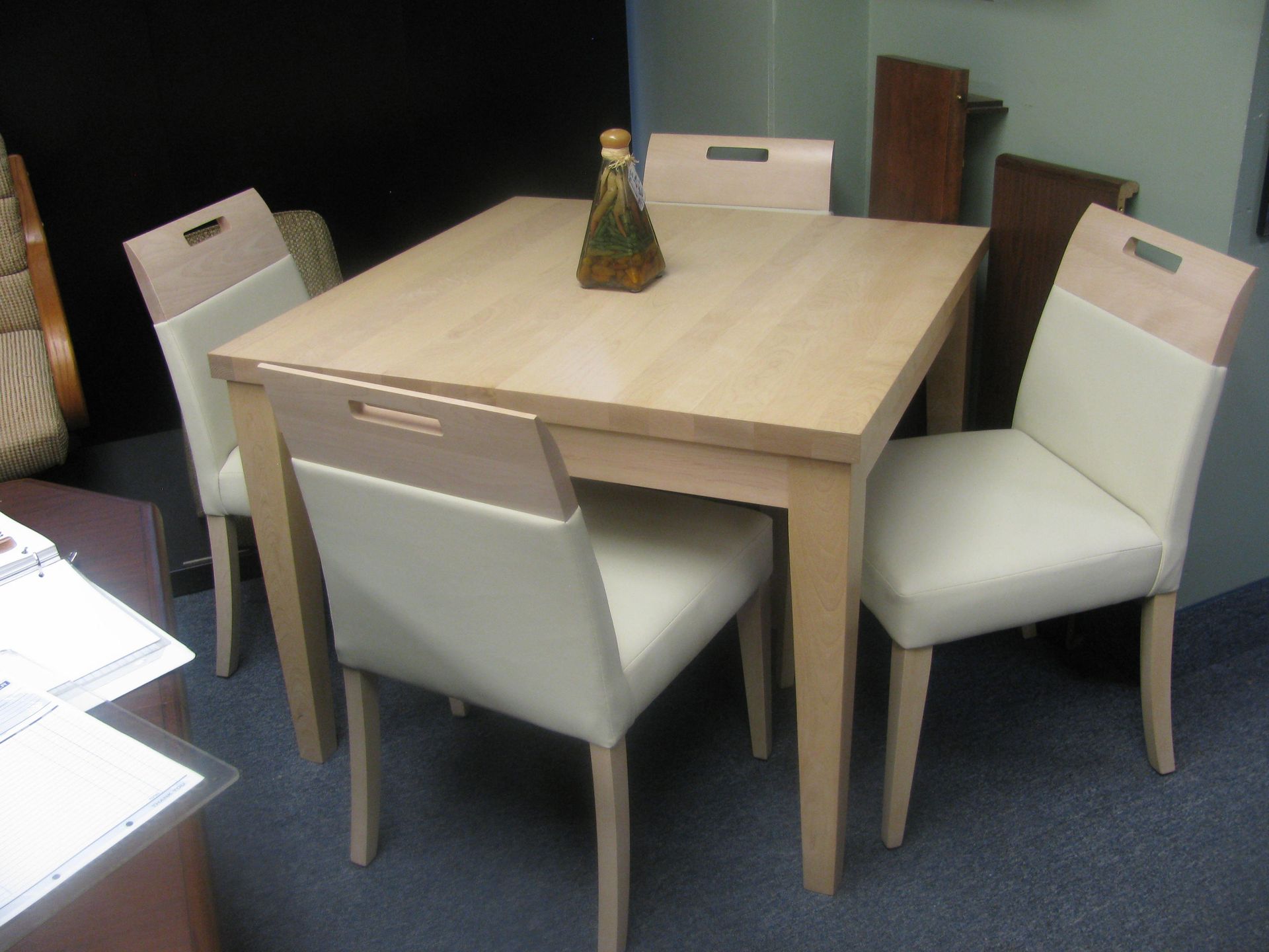 natural birch table - with four  chairs in almond faux leather